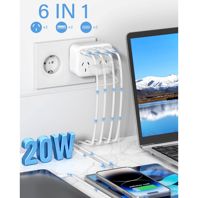 HEYMYTH Europe Travel Adapter from Australia / 4 USB Ports & USB-C Charger (EU Power Adapter) / All-In-One European Plug Adapter for Germany, France, Spain, Portugal, Netherlands, Greece, Bali / Universal Travel Power Point Converter