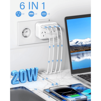 HEYMYTH Europe Travel Adapter from Australia / 4 USB Ports & USB-C Charger (EU Power Adapter) / All-In-One European Plug Adapter for Germany, France, Spain, Portugal, Netherlands, Greece, Bali / Universal Travel Power Point Converter