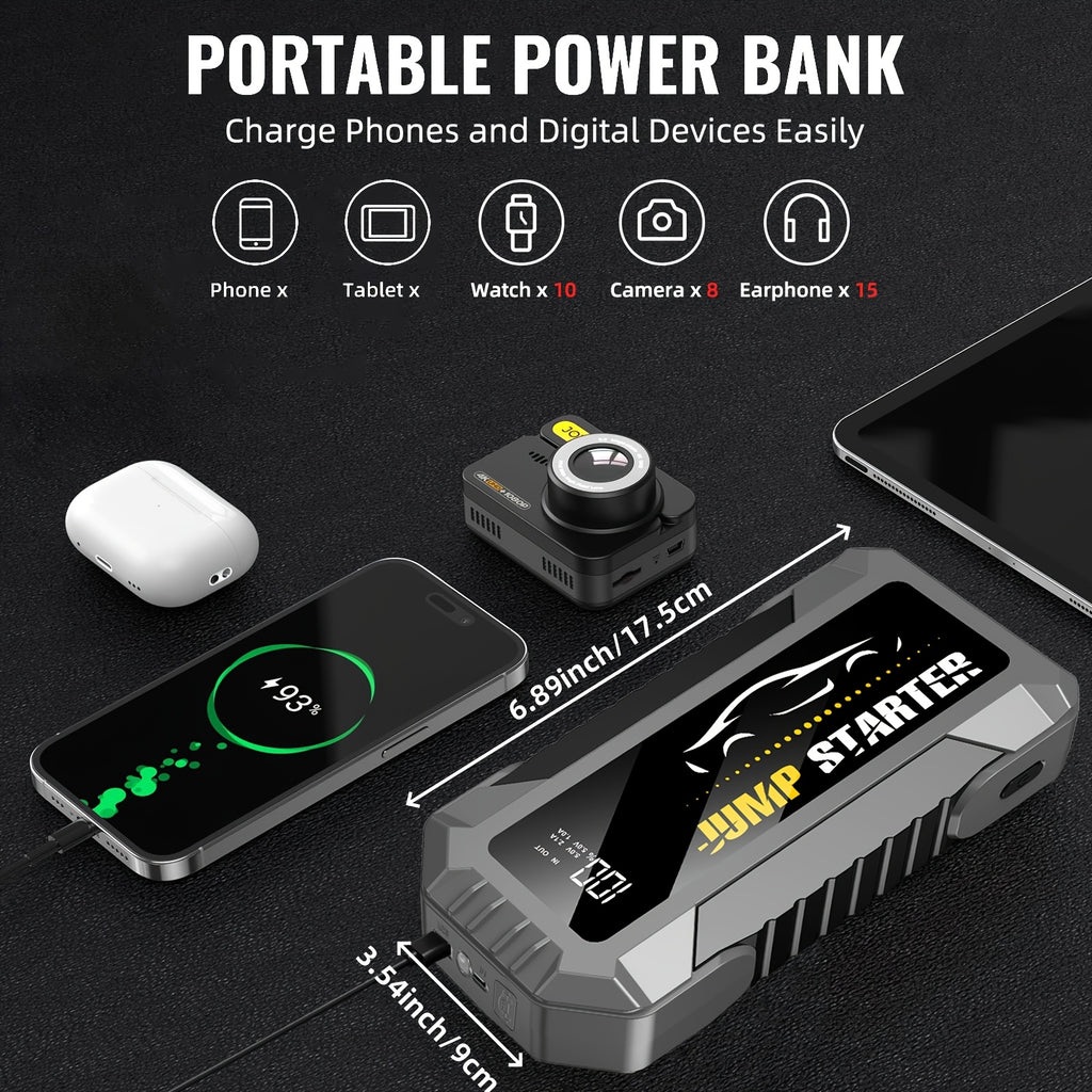 7000A Peak Portable Car Jump Starter Only Optional 7000A Peak Car Jump Starter with Air Pump, Jump Box Jumper Battery Pack (up to 10L Gas Or 8.5L Diesel) with Portable Charger, Emergency LED Light, High-Capacity Power Bank