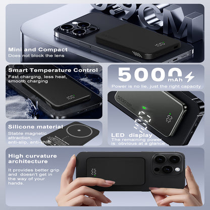 5000mAh Magnetic Power Bank, Ultra Slim PD 20W Fast Charging Battery Pack with LED Display, Compatible with Phone 15/14/13/12, Samsung, Huawei