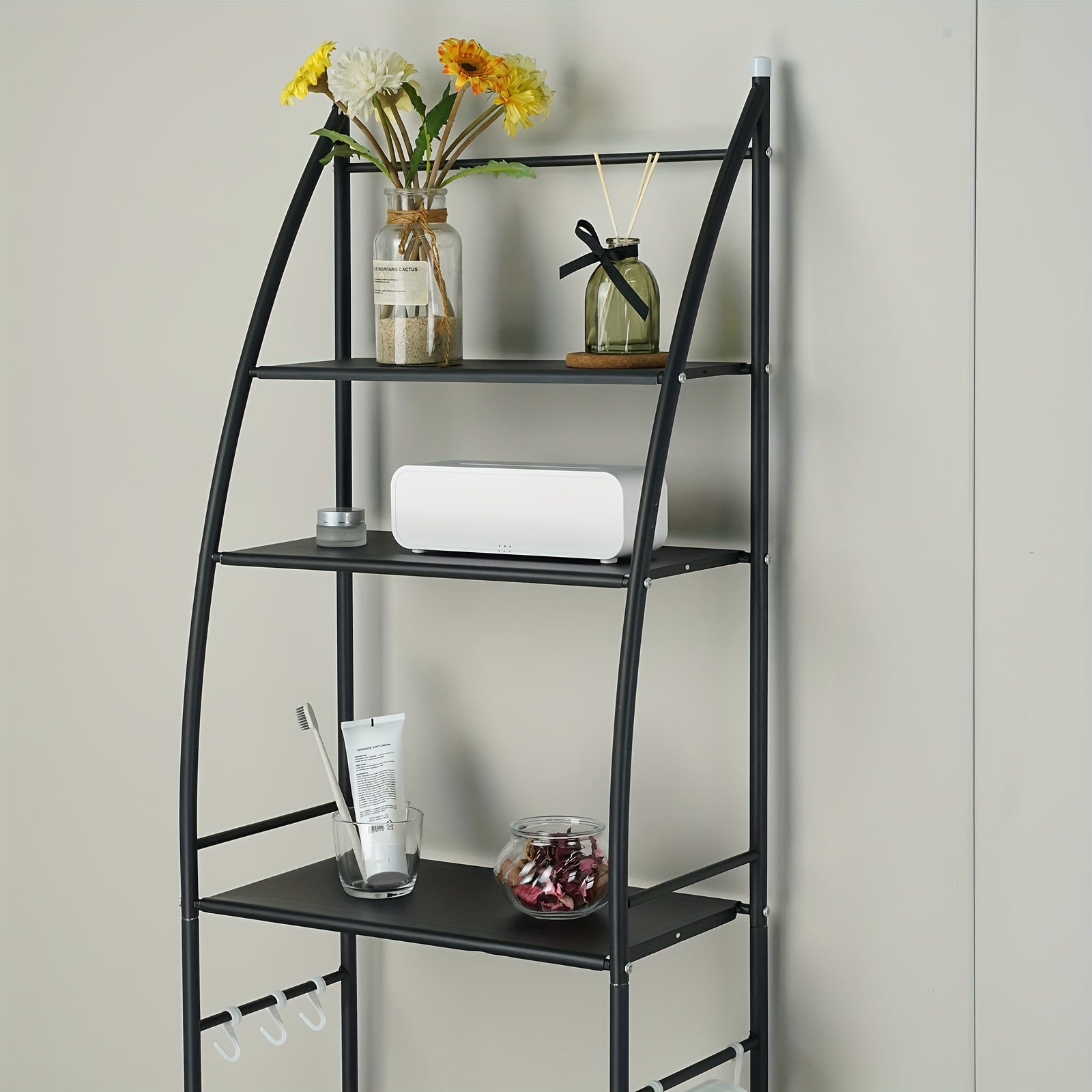 3-Tier Over Toilet Rack Bathroom Organizer Laundry Washing Machine Steel Storage Shelf Towel Accessories Hook Paper Roll Holder White Black, Shelves