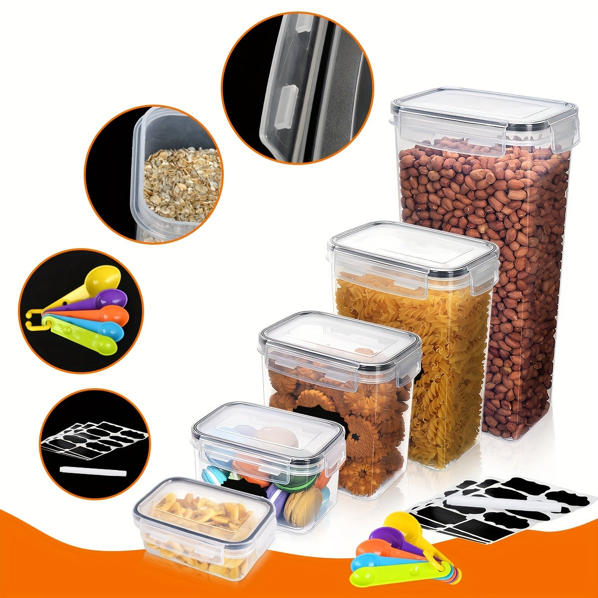 16/30/42pcs Airtight Food Storage Containers Set, BPA-Free Polypropylene, Rectangle Kitchen Organizer For Cereal, Dry Goods, Flour & Sugar, Includes Labels, Microwave Safe, Latch Closure, Ideal For Pantry & Cabinet Organization