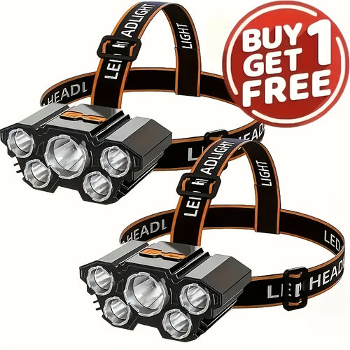 Buy One Get One Free, A Total Of 2 Multifunctional 5LED Headlights, USB Charging Headlights (with Wires), 4 Adjustable Modes, Suitable for Outdoor Camping, Night Fishing, Hiking, Car Maintenance, Hunting, And Home Emergency Lighting