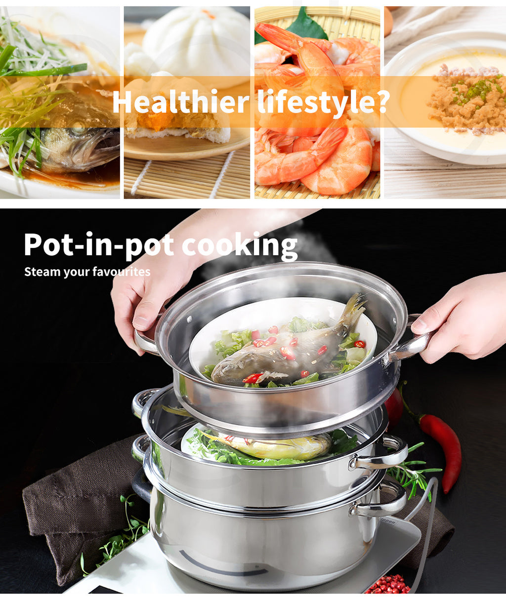 TOQUE 3 or 4 Layer Stainless Steel Steaming Pot – Heavy Duty Kitchen Steamer for Meat, Vegetables & Seafood, Compatible with Gas, Electric & Induction Cooktops