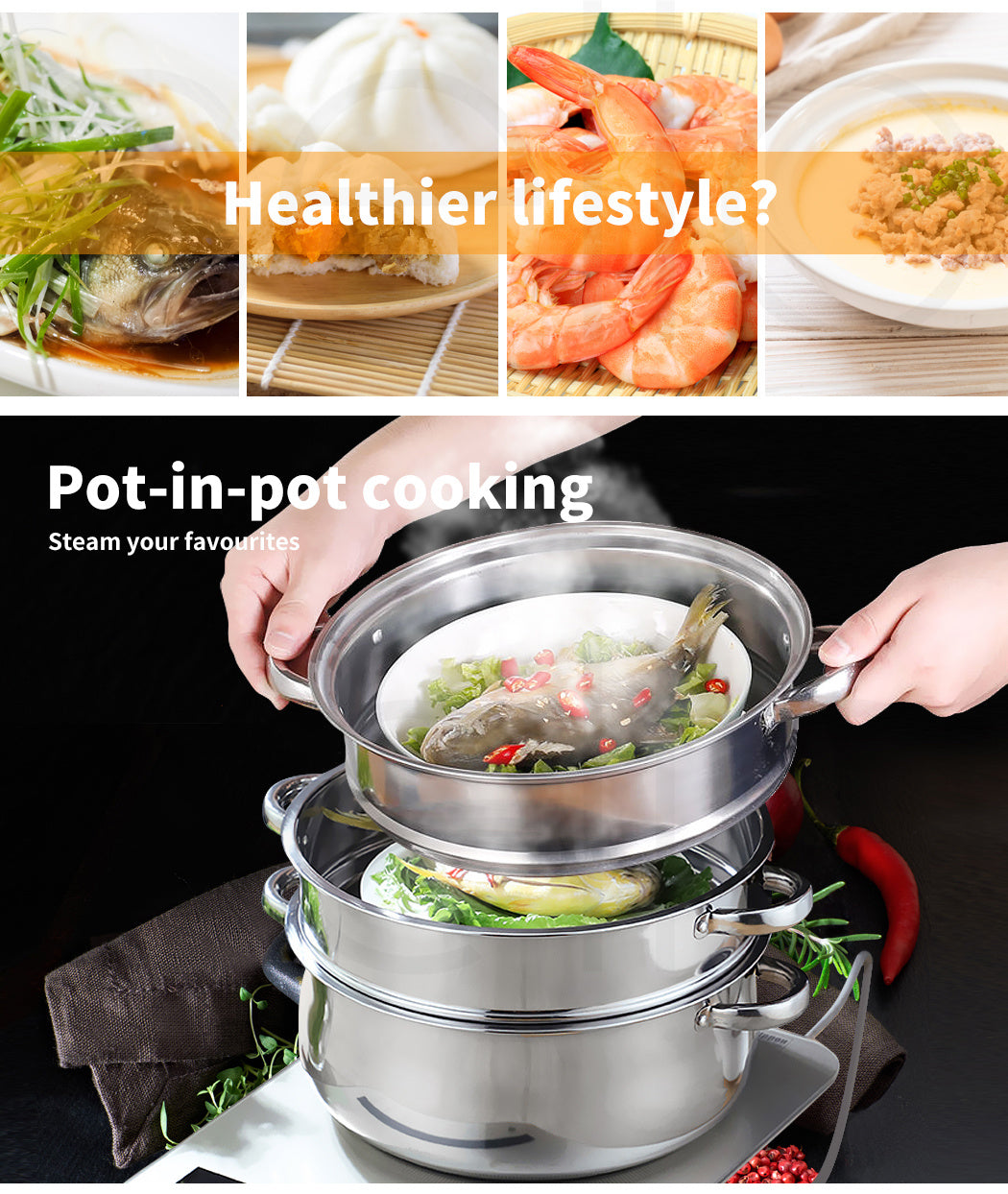 TOQUE 3 or 4 Layer Stainless Steel Steaming Pot – Heavy Duty Kitchen Steamer for Meat, Vegetables & Seafood, Compatible with Gas, Electric & Induction Cooktops