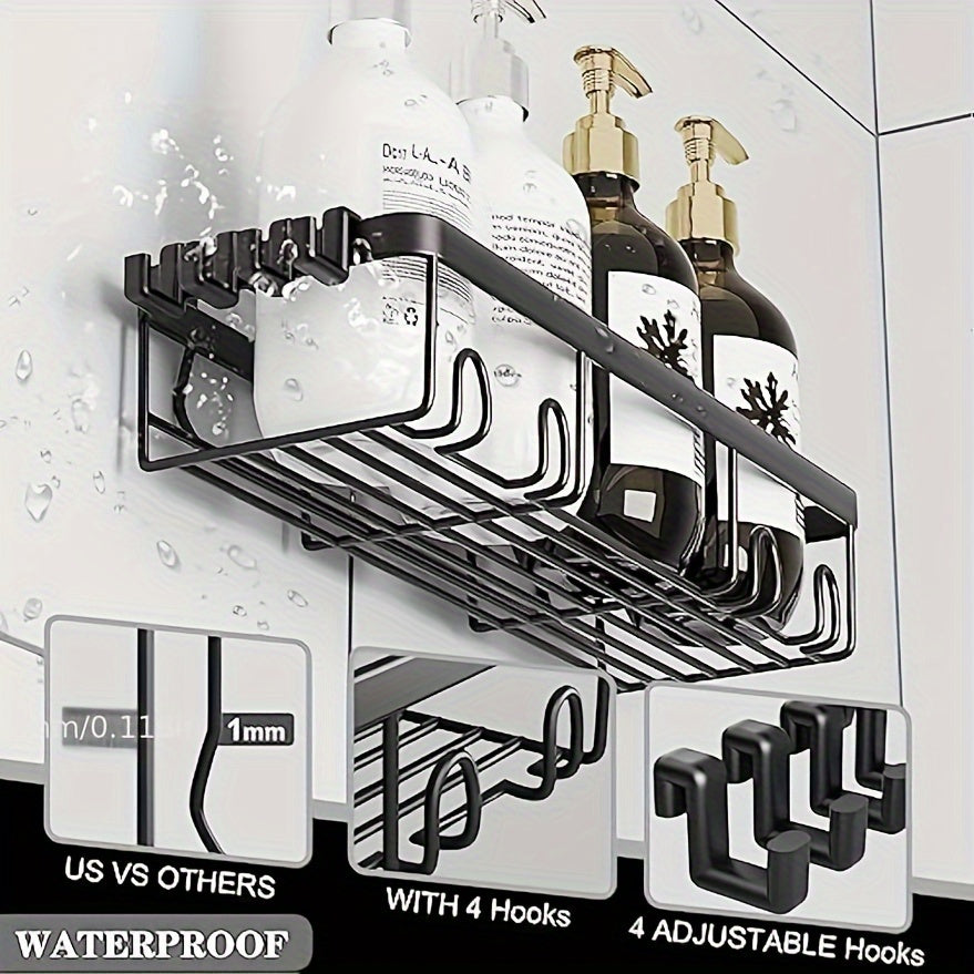 Shower Storage Solution, Bathroom Organizers for Showers, Black Shelves Designed for Use in The Shower Featuring a Soap Holder And Toothbrush Compartment, Stainless Steel Wall-Mounted Baskets with Adhesive (Set of 5)