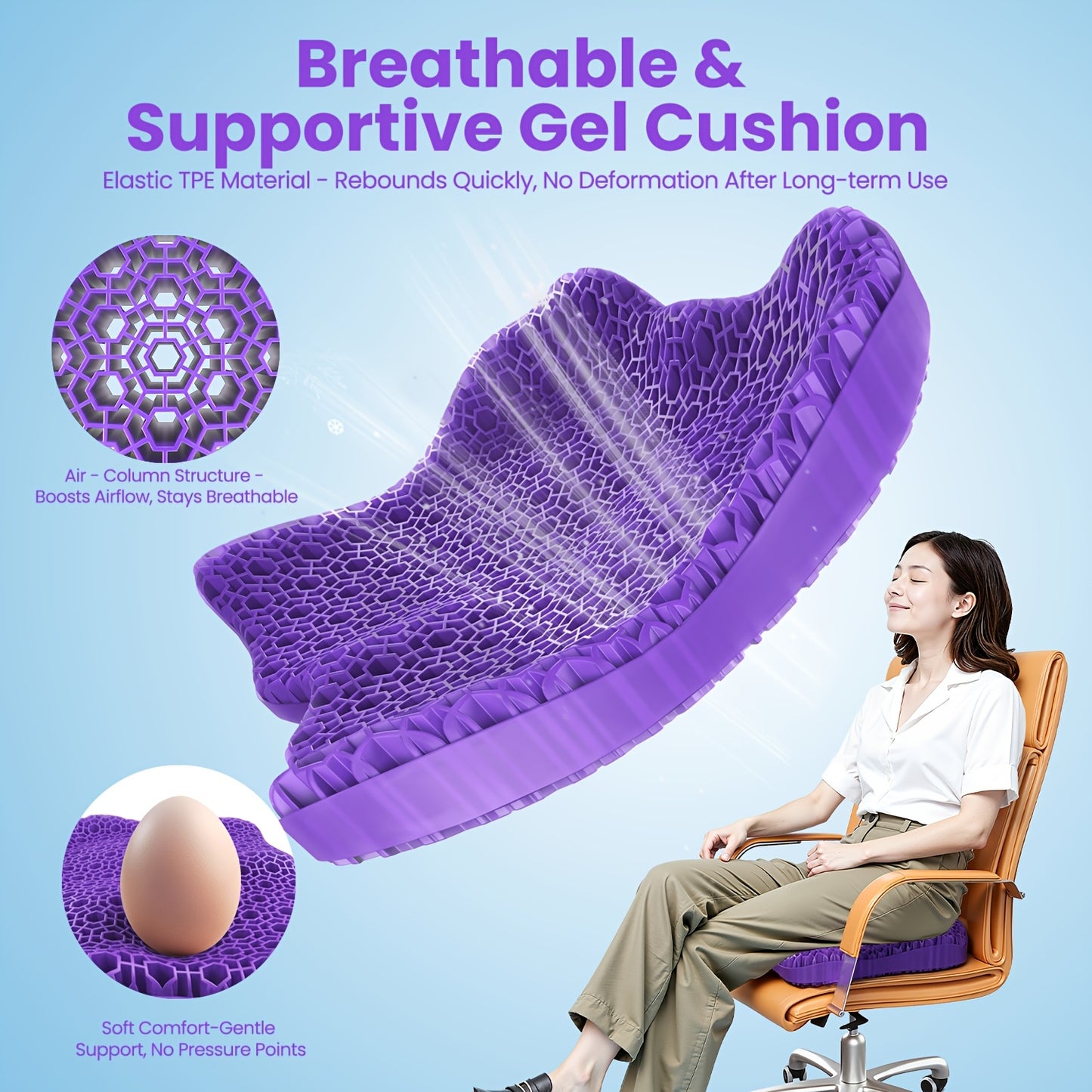 Extra-Large Thick Gel Seat Cushion, 3D Honeycomb Ergonomic Design, Pressure Relief, Breathable with Moderate Elasticity. Perfect for Office, Car, Home, Outdoor Camping And Wheelchairs