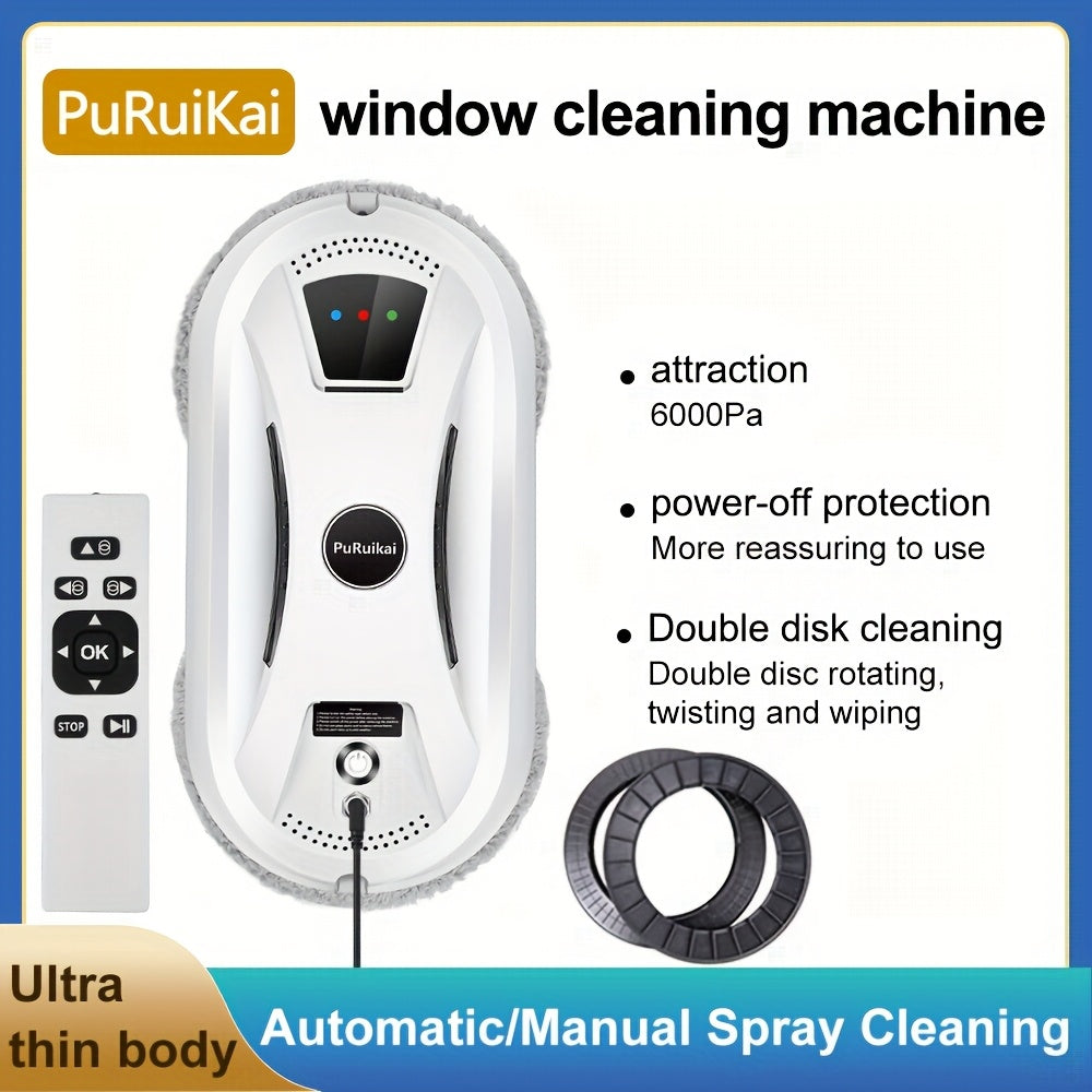 【 2026 New Plug in 】 PuRuiKai Fully Automatic Window Cleaning Robot | Continuous Power Supply+Intelligent Remote Control | 4.5-meter Anti Fall Safety Rope | Includes 10pcs Cleaning Cloth+Spray Bottle | Ready to ship from local warehouse