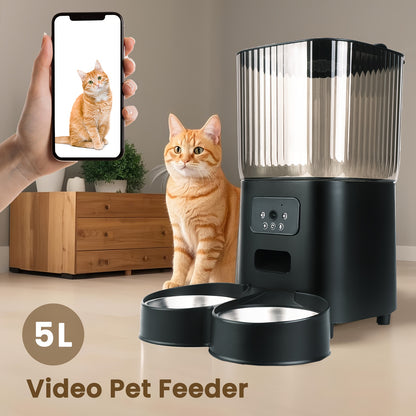 Automatic Cat Feeder 5L(with Camera) with 2K Camera: 5G WiFi Automatic Dog Feeder with Night Vision, Cat Food Dispenser with 5L Large Food Storage Container for Multiple Pet, Detachable for Easy Clean, 5L No 2K Camera