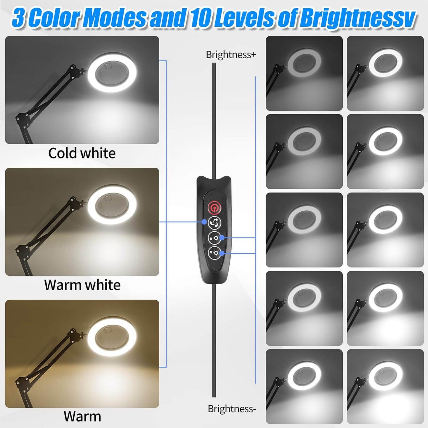 15X-10X Magnifying Glass LED Desk Lamp, 2-in-1 USB-Powered with Heavy Base & Clamp, 3 Color Modes & 10 Brightness Levels for Reading, Repair, Crafts, Sewing, Nail Art, Craft Lighting | Flexible Positioning | Adjustable Lighting, Lamp Desk