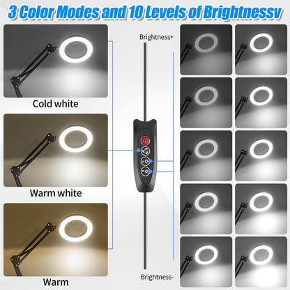 15X-10X Magnifying Glass LED Desk Lamp, 2-in-1 USB-Powered with Heavy Base & Clamp, 3 Color Modes & 10 Brightness Levels for Reading, Repair, Crafts, Sewing, Nail Art, Craft Lighting | Flexible Positioning | Adjustable Lighting, Lamp Desk