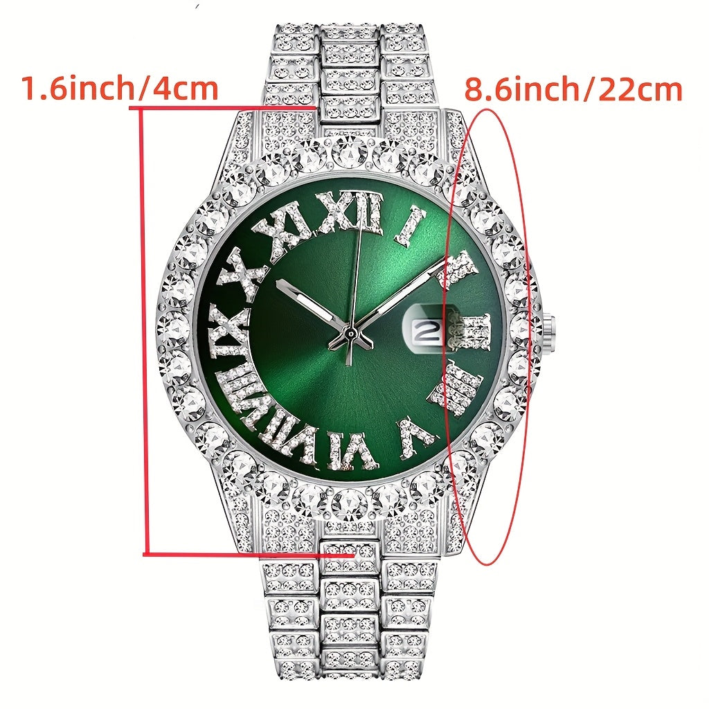 [Men's Watch Set] Luxury Men's Watch, Including Artificial Faux Gemstone Bracelet and Cross Necklace, Roman Numeral Dial Inlaid with Rhinestones, Perfect Gift, a Must for Parties