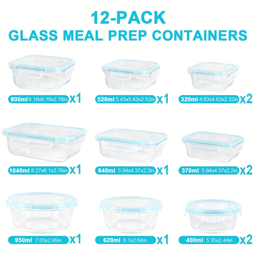 12pack Glass Food Storage Containers, Airtight Glass Meal Prep Containers with Lids, BPA Free & Leak Proof Lunch Box Safe for Microwave, Freezer, Dishwasher Kitchen Storage