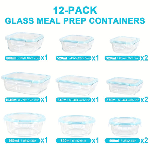 12pack Glass Food Storage Containers, Airtight Glass Meal Prep Containers with Lids, BPA Free & Leak Proof Lunch Box Safe for Microwave, Freezer, Dishwasher Kitchen Storage