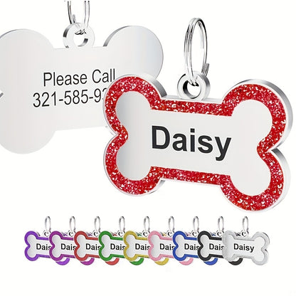 Custom Glitter Bone-shaped Pet ID Tag 1pc Round Metal Design + Engraved Text Suitable For Holiday Parties Pet Birthdays Daily Wear Back To School & School Gift