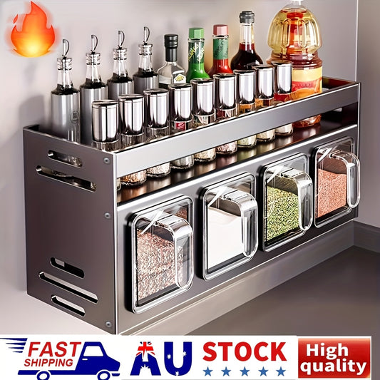 Wall-Mounted Spice Organizer Set - Durable Aluminum, No-Drill Installation, Includes Seasoning Containers & Canisters for Kitchen And Dining, Sleek Modern Design with Metallic Handles, Spice Jars|Sleek Metallic Finish|Perfect for Kitchen & Household