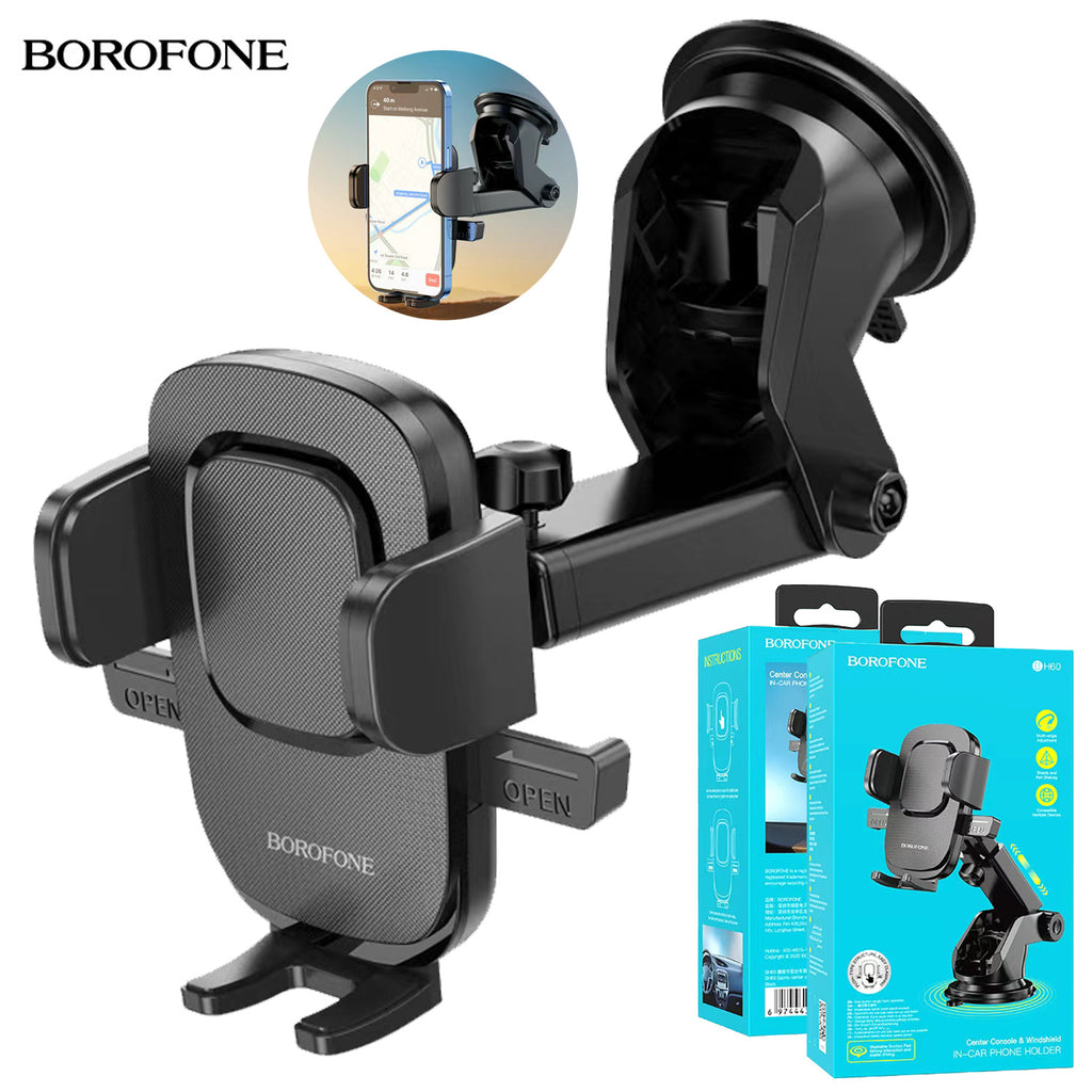 Borofone H60 Car Phone Holder – Hands-Free Car Mount, Adjustable 360° Rotation, Strong Suction Cup, Compatible with Smartphones