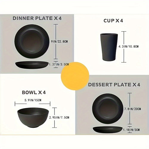 16-Piece Kitchen Plastic Wheat Straw Dinnerware Set, Service For 4, Unbreakable Plastic Dish Set - Dinner Plate/Soy Sauce Dishes/Cereal Bowl/Cup, For Apartment Basics, Outdoor Camping, Black