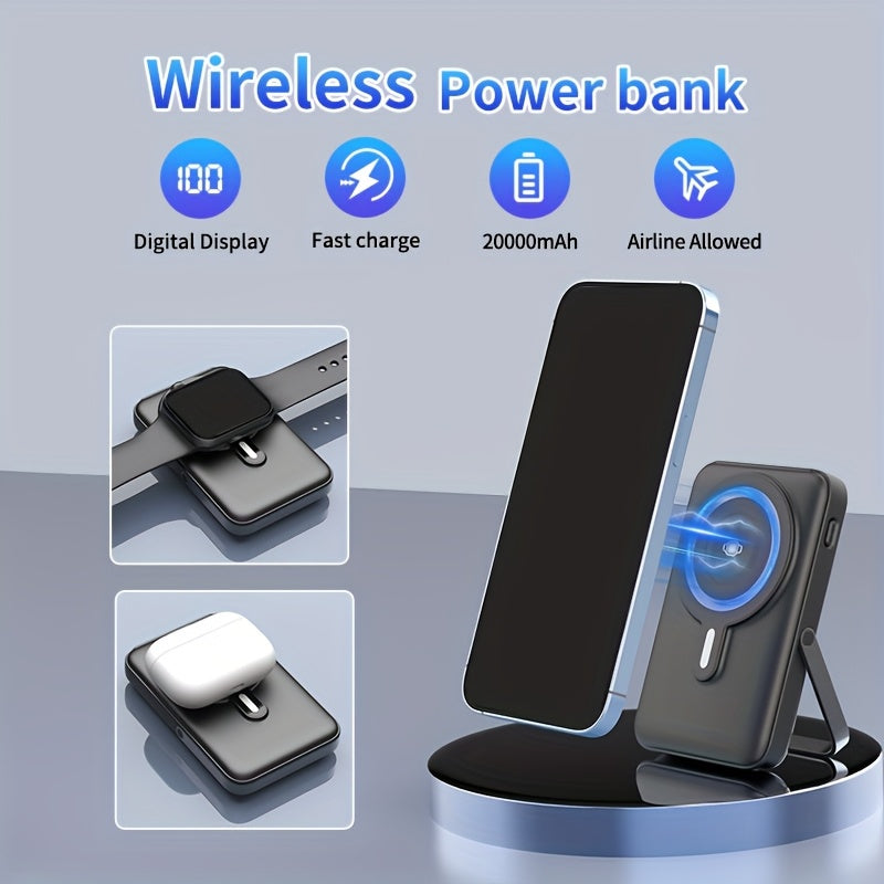 3 In 1 Wireless Power Bank, 20000mAh Magnetic Charger, With Digital Display, Stand, Magnetic, Suitable For Mobile Phones, Headphones, Watches, Portable Battery Pack, Airline Allowed, Suitable For Home, Travel, Going Out (Black)