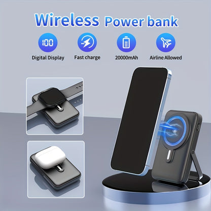 3 In 1 Wireless Power Bank, 20000mAh Magnetic Charger, With Digital Display, Stand, Magnetic, Suitable For Mobile Phones, Headphones, Watches, Portable Battery Pack, Airline Allowed, Suitable For Home, Travel, Going Out (Black)