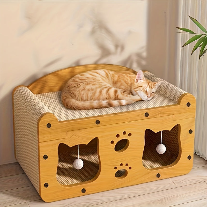 1pc Deluxe Double-Layer Cat Bed with Scratching Board - Durable Cardboard House for  to Medium Cats with Toy Ball - All-Season