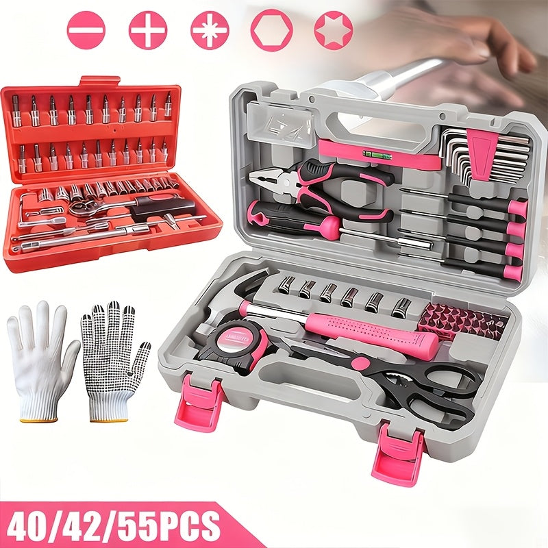 40/42/55pcs Tool Kit, Mechanic Tool Kits for Auto Repair, Household Tool Kit Set, Suitable for Repairs in Home, Garage, Garden, Office, And College Dormitory, More Suitable for Women to Use