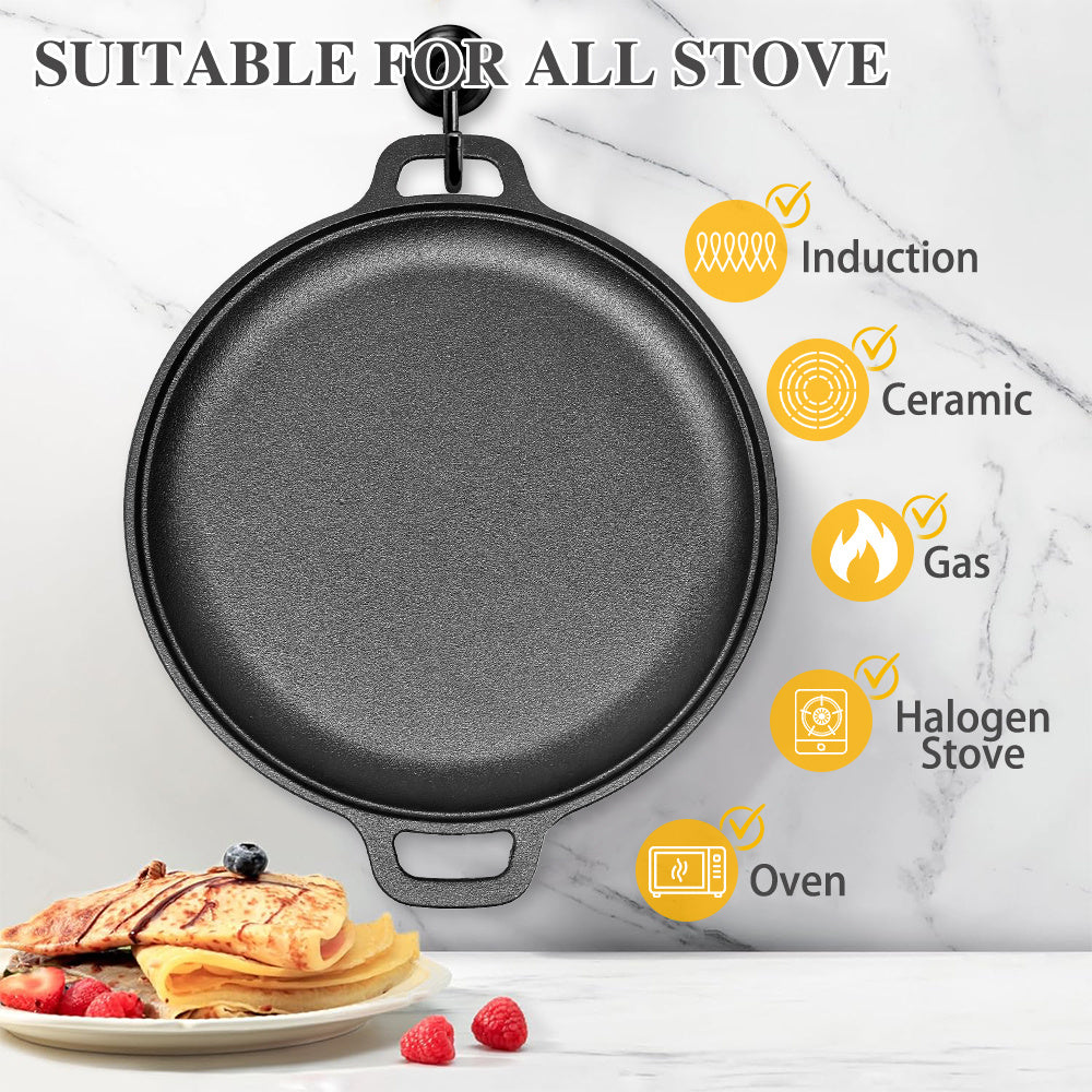 Multi-Function Cast Iron Griddle Skillet - Non-Stick Pan For Pizza, BBQ, Pancakes - Compatible with All Stovetops, Double-Handled Flat Skillet Ideal for Home Kitchen and Outdoor Cooking