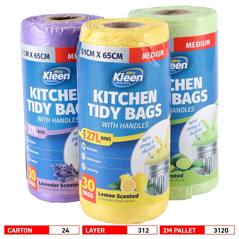 3 Rolls 90 pk Scented Bin Liner Kitchen Tidy Garbage Bag with Handle 27L 51cm x 65cm - 30pk each roll Medium - Scented: Lavender, Lemon, Lime
