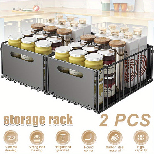 2pcs Pull Out Cabinet Organizer, Collapsible Pull Out Drawers for Cabinets Fixed with Adhesive Film, Slide Out Shelf Storage Basket for Kitchen Bathroom Home, Large