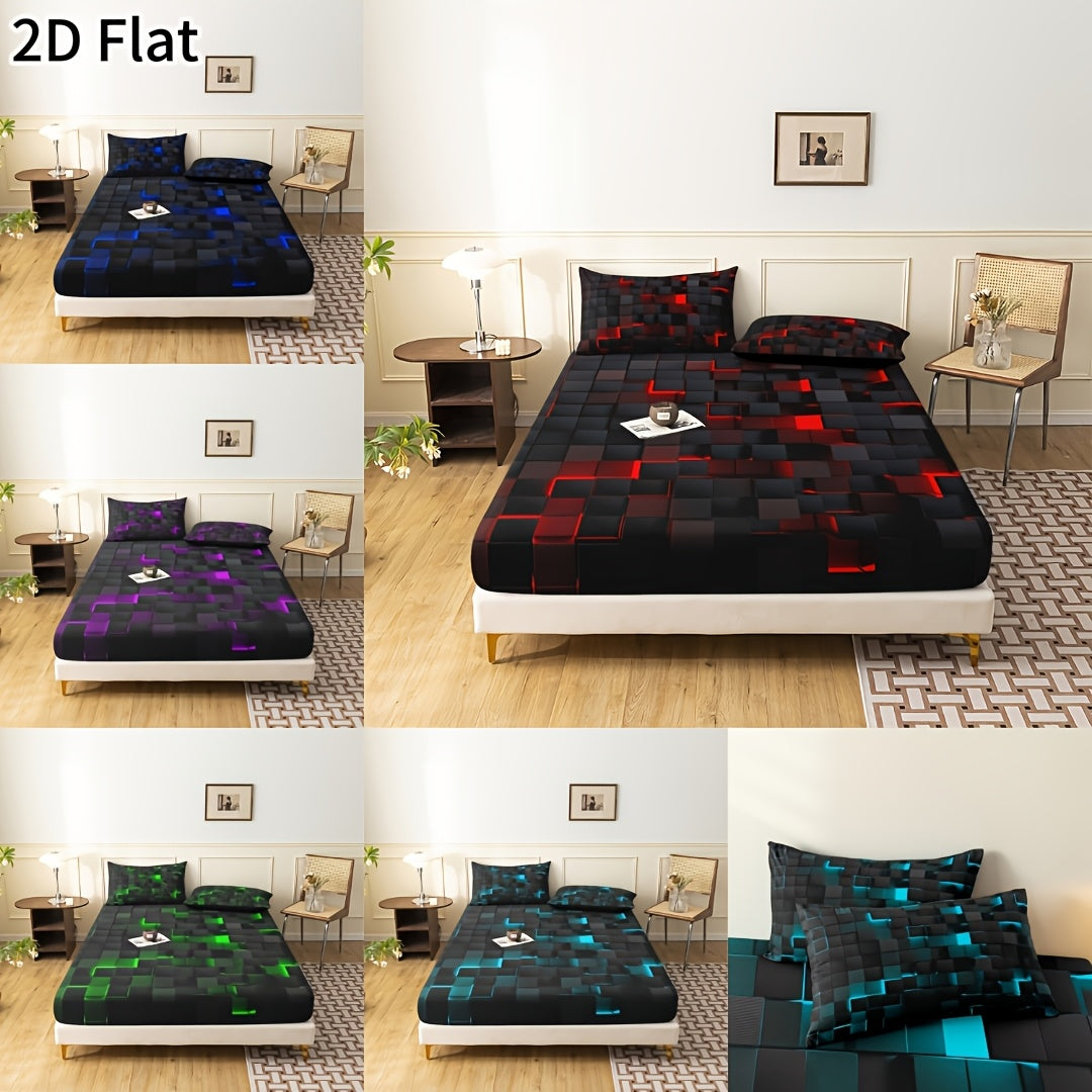 2D Flat 3pcs Sheet Fitted Set (Includes 1*Sheet Fitted And 2*Pillowcases, Pillow Not Included), Geometric Grid Pattern Design, Soft Comfortable bedding for Bedrooms Guest Rooms Or Dormitory/ Bedroom Decorations