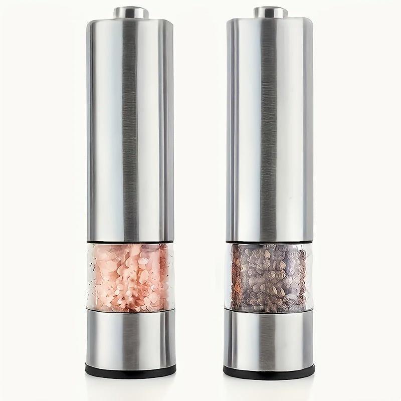 Electric Salt And Pepper Grinder Set (2pcs Set) - Stainless Steel Battery Powered Salt And Pepper Grinder with Light - Free Grinder Rack - One Handed Adjustable Ceramic Grinder Easy to Grip, Easy to Use, Stylish Modern Design