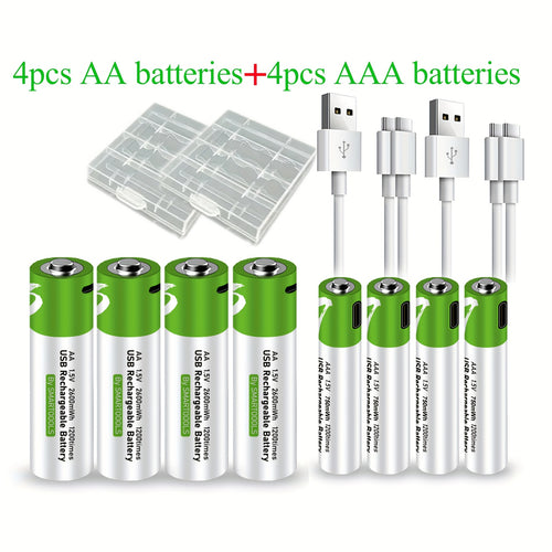 4pcs AA + 4pcs AAA Battery AA+AAA Batteries Set, USB/Type-C AA AAA Lithium Rechargeable Battery, High Capacity 1.5V 1733mAh 2600mWh + 500mAh 750mWh Rechargeable Lithium Battery, 1.5 Hours Fast Charge, 1200 Cycle with Type-C Port Cable, Constant Output, ch