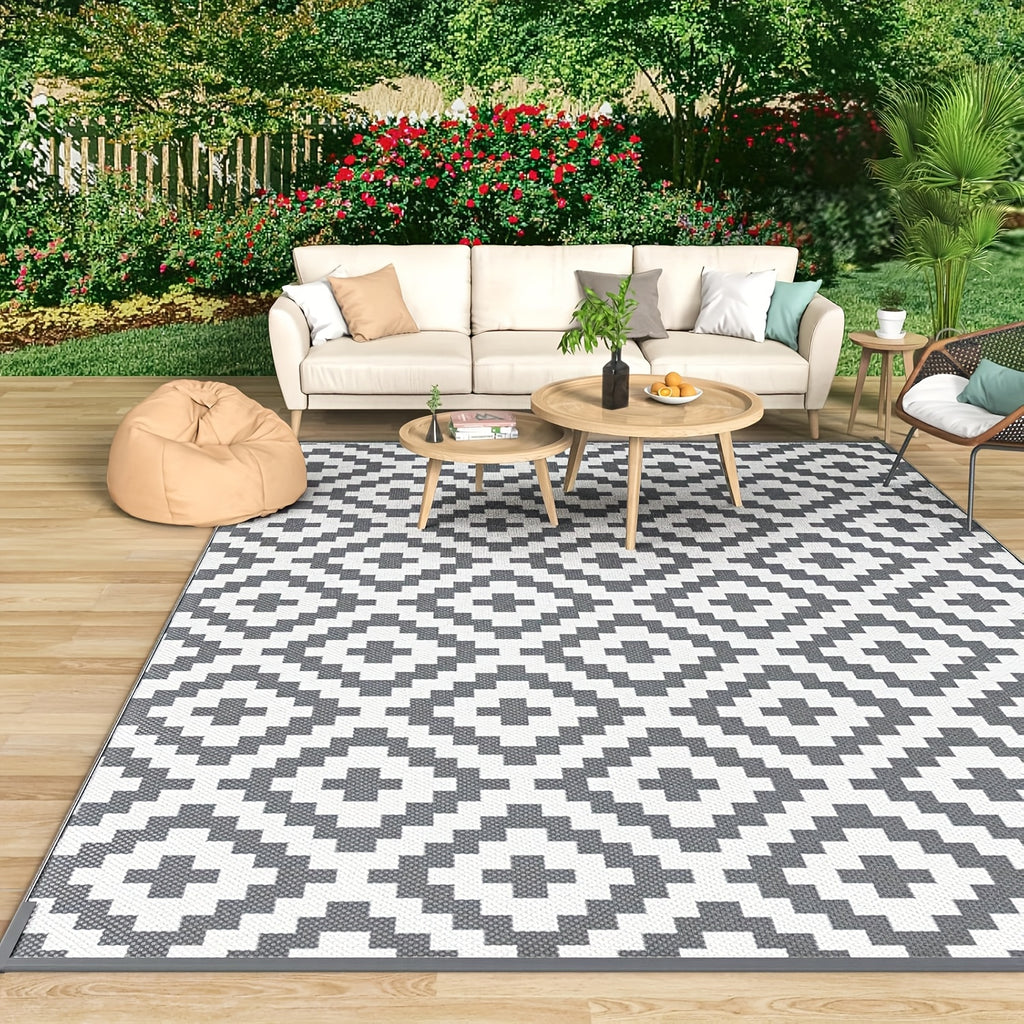 One Reversible Outdoor Mat in Dark Grey And White Geometric Design - Lightweight, Foldable Polypropylene, Machine Washable, Perfect for Rvs, Camping, Backyards, Picnics, And Essential Outdoor Activities | Decorative Outdoor Mat | Washable Mat