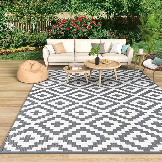 One Reversible Outdoor Mat in Dark Grey And White Geometric Design - Lightweight, Foldable Polypropylene, Machine Washable, Perfect for Rvs, Camping, Backyards, Picnics, And Essential Outdoor Activities | Decorative Outdoor Mat | Washable Mat