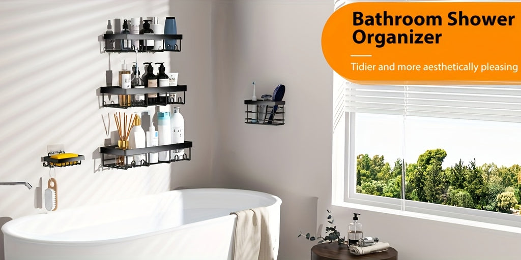 Shower Storage Solution, Bathroom Organizers for Showers, Black Shelves Designed for Use in The Shower Featuring a Soap Holder And Toothbrush Compartment, Stainless Steel Wall-Mounted Baskets with Adhesive (Set of 5)