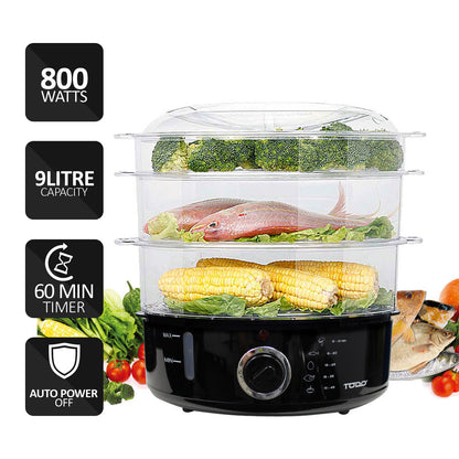 9L Steam Cooker Steamer 3 Tray 800W Power Dial Timer Healthy Stackable