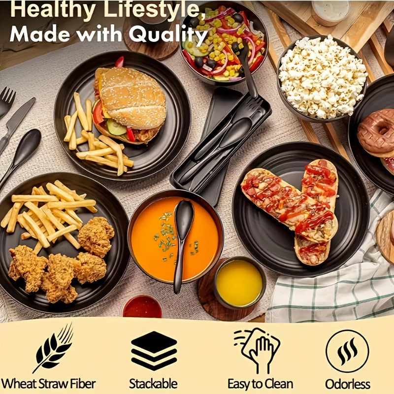 16-Piece Kitchen Plastic Wheat Straw Dinnerware Set, Service For 4, Unbreakable Plastic Dish Set - Dinner Plate/Soy Sauce Dishes/Cereal Bowl/Cup, For Apartment Basics, Outdoor Camping, Black