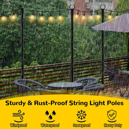 4 Pack 3.35 meter Heavy Duty Metal String Light Poles Adjustable Outdoor Lighting Stand For Patio, Backyard, Garden, Party & Wedding Rustproof & Sturdy With Hooks (Light String Not Included)