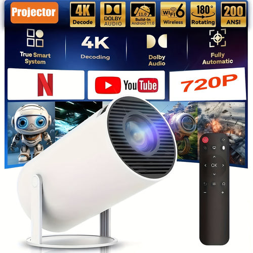 HY300 Pro Mini Projector 4K Android 11 Local 720P 200ANSI Portable Wireless Home Outdoor Cinema 180° Projection Angle Adjustable Portable Projector with Blutooth And Wifi