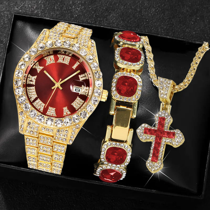 [Men's Watch Set] Luxury Men's Watch, Including Artificial Faux Gemstone Bracelet and Cross Necklace, Roman Numeral Dial Inlaid with Rhinestones, Perfect Gift, a Must for Parties