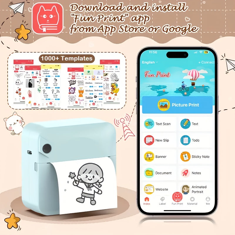 Inkless Sticker Printer Mini Thermal Printer With Roll Of Thermal Paper, Pocket Printer, Smart Portable Receipt Printer For Photos, Diaries, Notes And Preparation