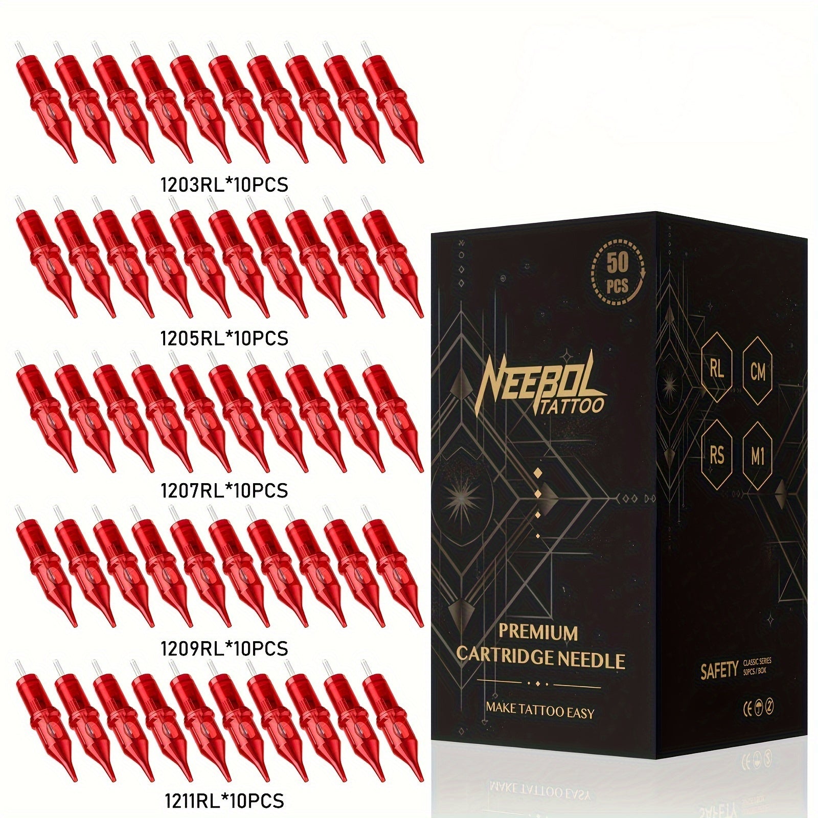 A Set of 50 Assorted Neebol Tattoo Cartridge Needles in Various Sizes, Including Round Liners And Shaders, Suitable for Tattoo Supplies And Equipment, Perfect for a Tattoo Gun Machine Kit Or As a Body Art Gift