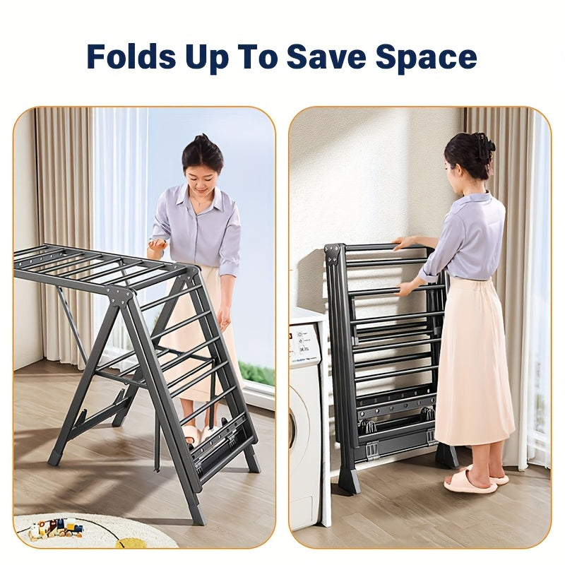 Folding Clothes Drying Rack, Heavy-Duty Aluminium, Height-Adjustable, with Shoe Rack, Large Portable Foldable Design for Indoor/Outdoor Use, No Tools Assembly, A-Frame Stability, Mobile Clothes Drying Rack, with 4 Casters, Gray, Drying Racks