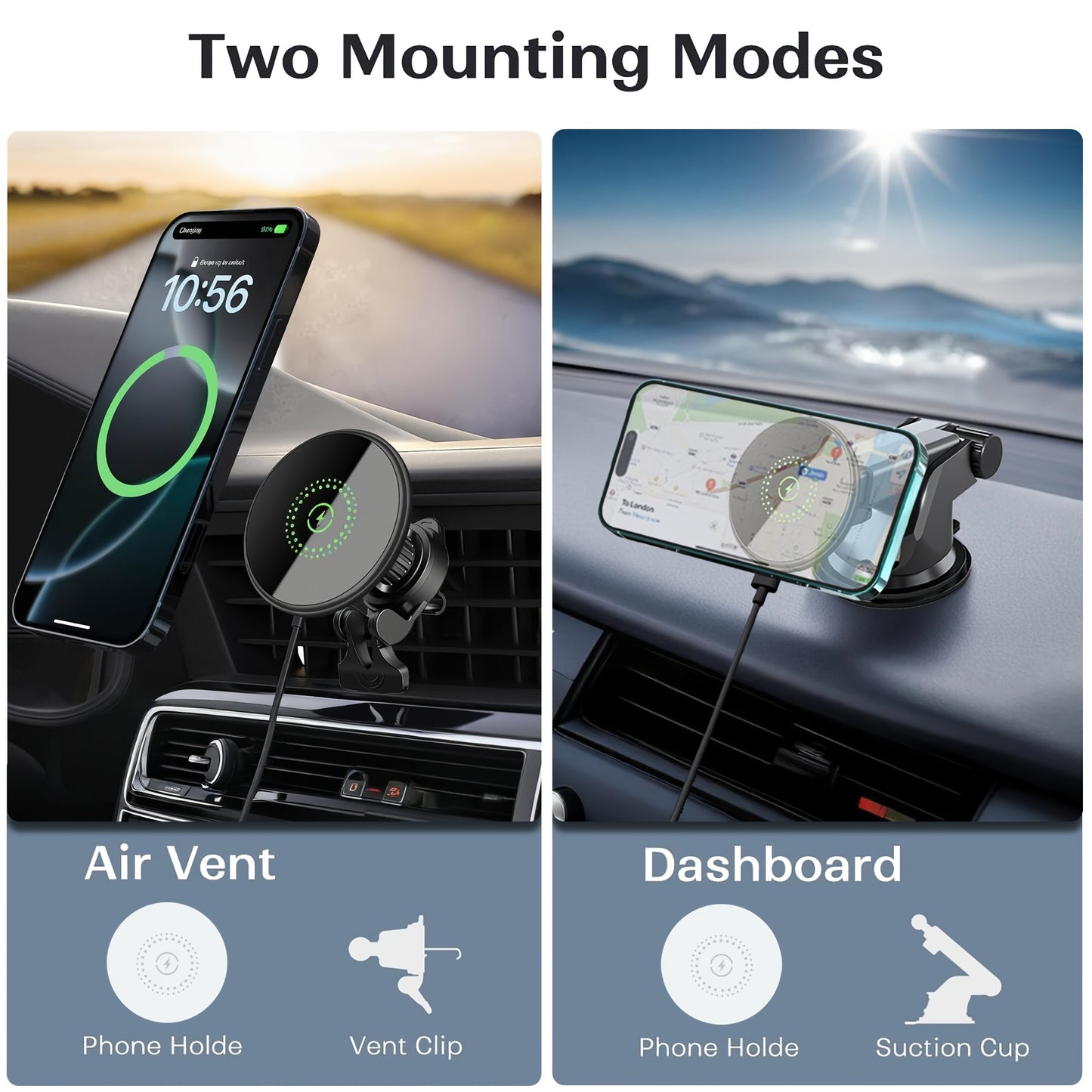 2in 1 Magnetic Car Mount Charger, Magnet Car Phone Holder Mount Only for iPhone 16 15 14 13 12 Series, Vent/Dashboard Charging Suction Cup Phone Mount Holder