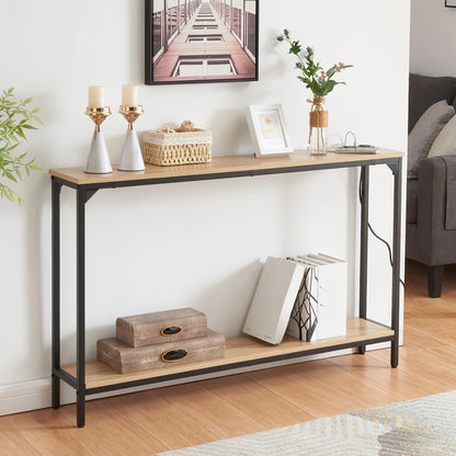 FORESREEN Console Table with Charging Station, 120cm Entryway Table with Shelves, 2-Tier Narrow Sofa Table, Long Behind Couch Table, for Entryway, Foyer, Living Room, Hallway