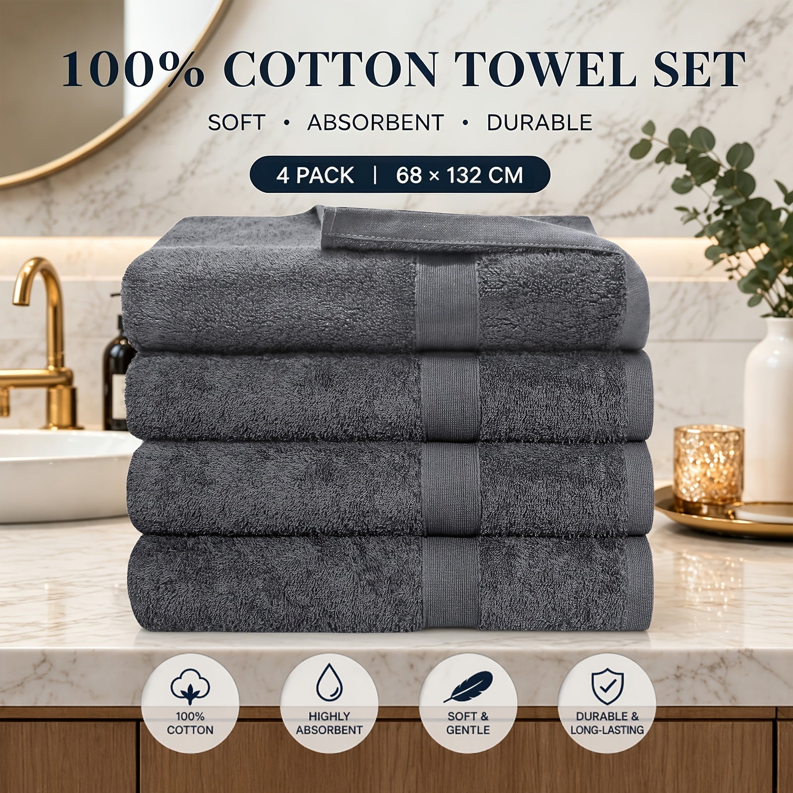 4pcs Cotton Bath Towels Ultra Soft & Absorbent - 550GSM Thick, Durable, Perfect for Home, Hotel, Spa - 68x132cm, Ideal for Bathroom Essentials & Holiday Gifts