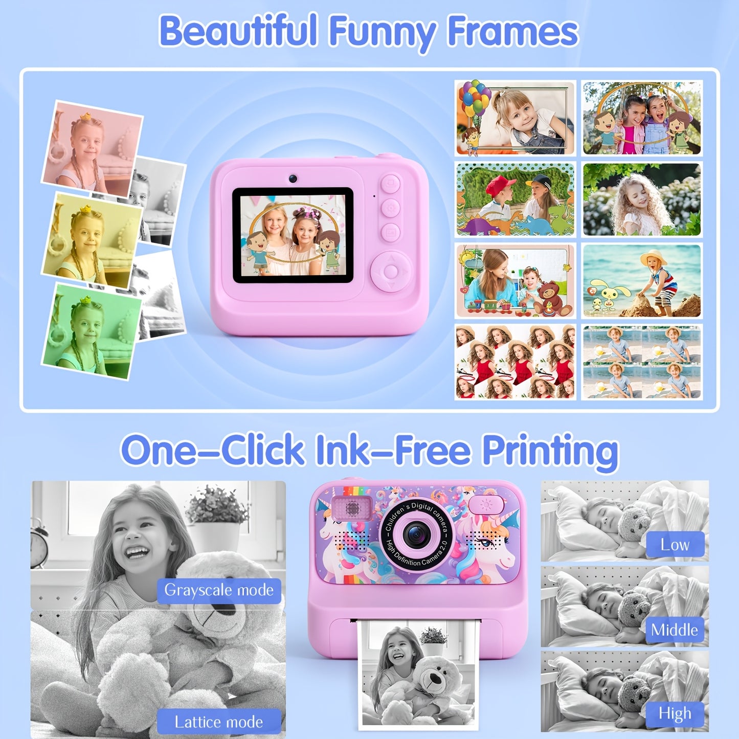 BESSWIN Kids Camera Instant Print, 48MP, 3 Rolls Print Paper & 32G Card, 1080P Video Selfie Camera, Pink. White Is The Camera Roll Paper, Doesn't Include A Camera. Don't Purchase It Separately.