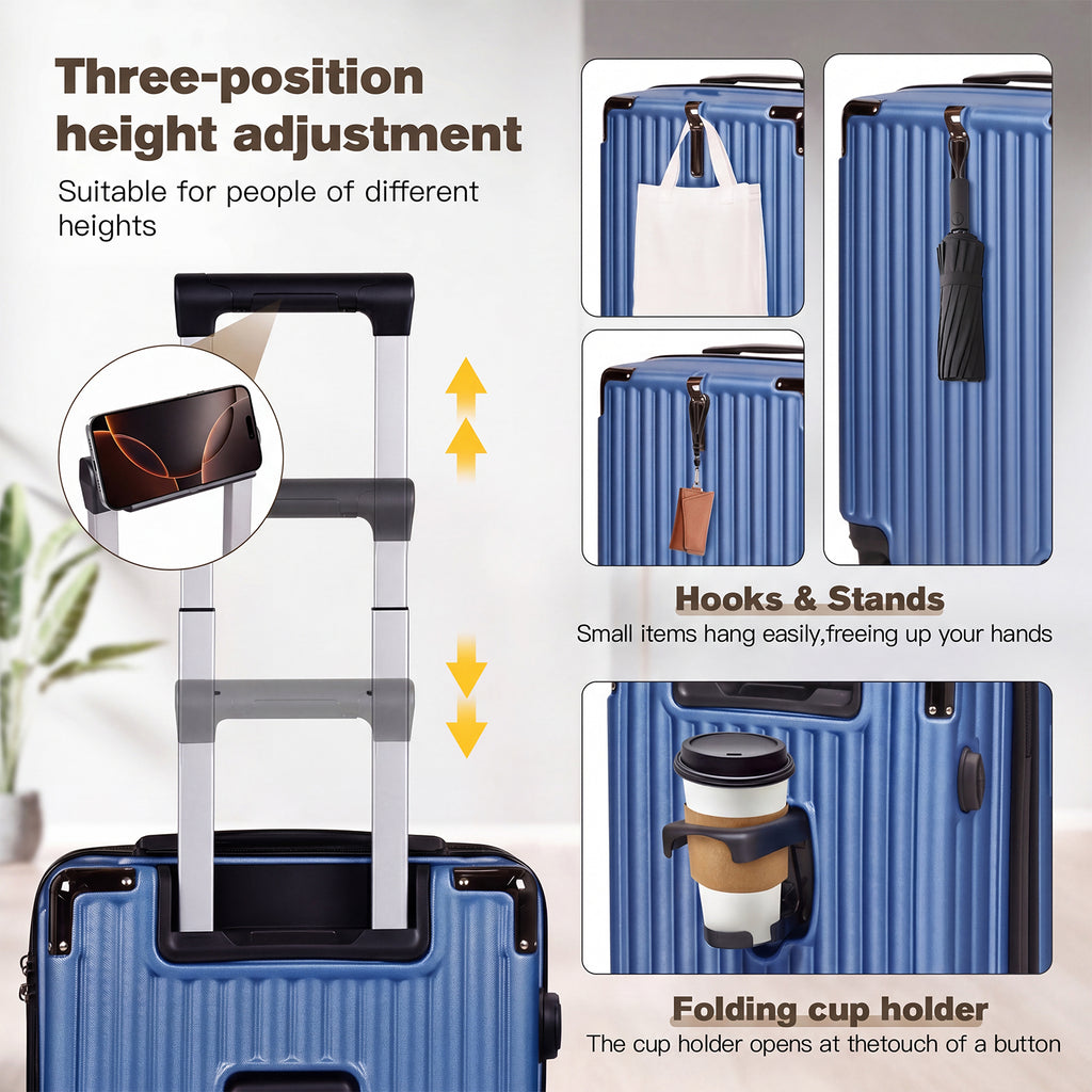 Advwin 2pcs Luggage Set (20+14 Inch), Carry On Hardshell Luggage with Power Bank Pocket, Cup Holder, 360° Wheels for Travel
