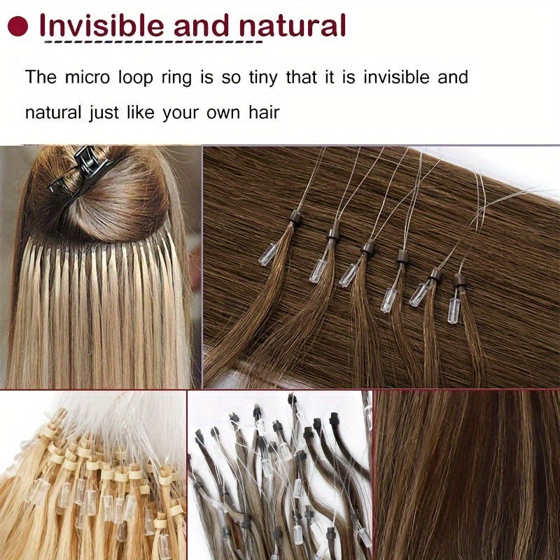 Invisible Micro Ring Hair Extensions for Women, Remy Human Hair, Easy to Apply & Remove, No Damage Seamless Hair Extensions, 100 Strands Per Pack