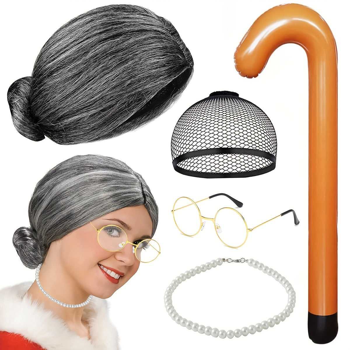 5pcs Grandma Cosplay Set Funny Old Lady Dress Up Set with Wig Caps Pearl Necklace Eye Glasses Crozier Chain Realistic Granny Costume Wig Old Lady Costume Set for Kids Halloween Masquerade Suitable for Teens, Suitable for Men And Women